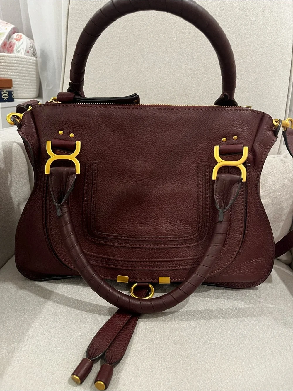 Chloe Marcie medium Women's Leather Satchel Bag in Deep Burgundy - Picture 1 of 7